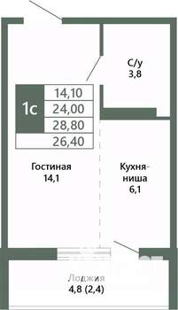 1-к квартира, вторичка, 26м2, 14/15 этаж