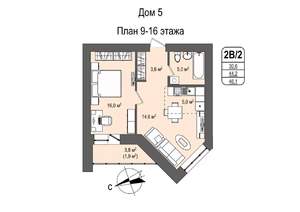 2-к квартира, строящийся дом, 46м2, 12/16 этаж
