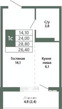 1-к квартира, вторичка, 26м2, 1/15 этаж