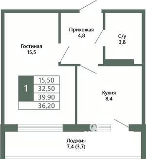 1-к квартира, вторичка, 36м2, 9/15 этаж