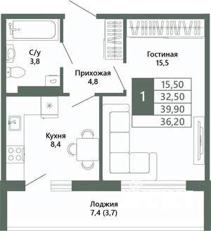 1-к квартира, вторичка, 36м2, 8/15 этаж