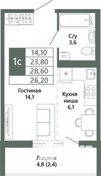 1-к квартира, вторичка, 26м2, 5/15 этаж