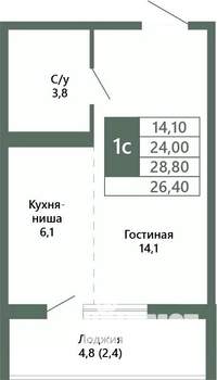 1-к квартира, вторичка, 26м2, 1/15 этаж