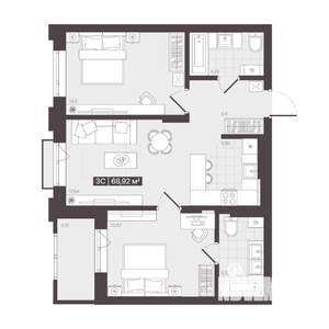 3-к квартира, строящийся дом, 69м2, 2/16 этаж
