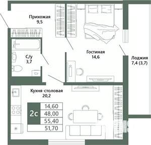 2-к квартира, вторичка, 52м2, 3/15 этаж