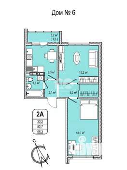 2-к квартира, вторичка, 55м2, 12/16 этаж