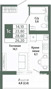 1-к квартира, вторичка, 26м2, 2/15 этаж