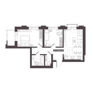 3-к квартира, строящийся дом, 61м2, 13/16 этаж