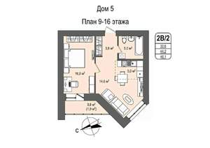 2-к квартира, строящийся дом, 46м2, 16/16 этаж