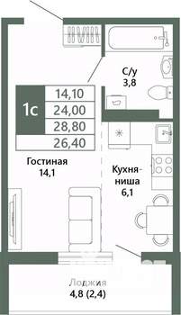 1-к квартира, вторичка, 26м2, 13/15 этаж