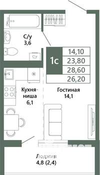 1-к квартира, вторичка, 26м2, 2/15 этаж