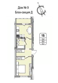 1-к квартира, строящийся дом, 37м2, 4/16 этаж