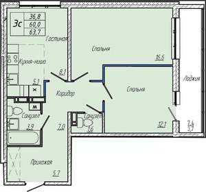 2-к квартира, вторичка, 64м2, 15/17 этаж