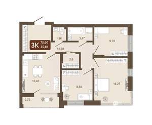 3-к квартира, вторичка, 76м2, 23/25 этаж