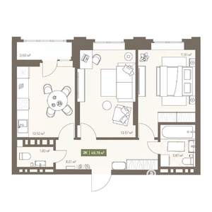 2-к квартира, вторичка, 50м2, 9/16 этаж