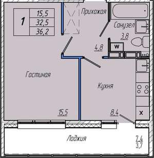 1-к квартира, вторичка, 36м2, 7/16 этаж