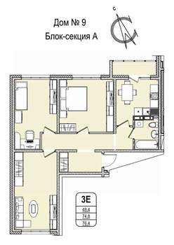 3-к квартира, строящийся дом, 76м2, 10/16 этаж