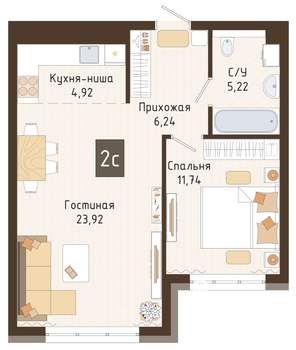 2-к квартира, вторичка, 52м2, 4/7 этаж