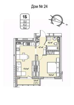 1-к квартира, вторичка, 43м2, 2/17 этаж