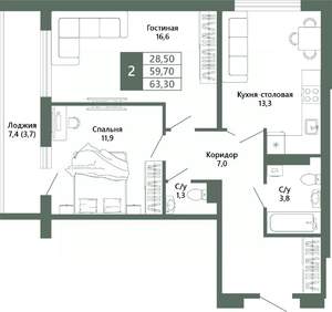 2-к квартира, вторичка, 63м2, 12/15 этаж