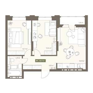 2-к квартира, вторичка, 56м2, 11/16 этаж