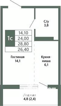 1-к квартира, вторичка, 26м2, 1/15 этаж