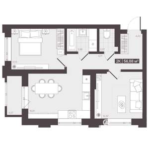 2-к квартира, вторичка, 57м2, 13/16 этаж