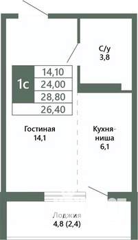 1-к квартира, вторичка, 26м2, 7/15 этаж