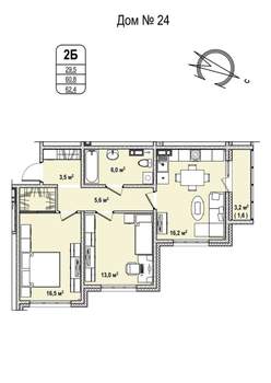 2-к квартира, строящийся дом, 62м2, 11/17 этаж