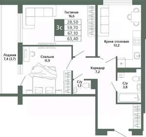 2-к квартира, вторичка, 63м2, 2/15 этаж