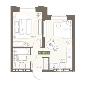 1-к квартира, вторичка, 33м2, 1/16 этаж