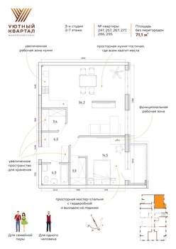 3-к квартира, вторичка, 71м2, 2/8 этаж