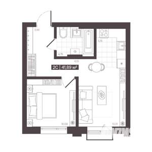 2-к квартира, строящийся дом, 42м2, 8/16 этаж