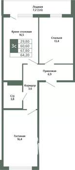 2-к квартира, вторичка, 64м2, 10/15 этаж