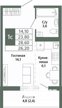 1-к квартира, вторичка, 26м2, 13/15 этаж