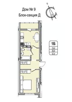 1-к квартира, строящийся дом, 37м2, 7/16 этаж