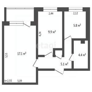 2-к квартира, вторичка, 43м2, 1/9 этаж