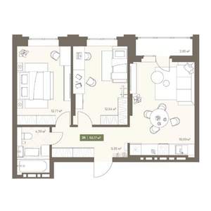 2-к квартира, вторичка, 56м2, 14/16 этаж