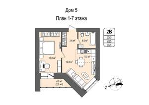 2-к квартира, строящийся дом, 46м2, 6/16 этаж