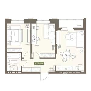 2-к квартира, вторичка, 55м2, 6/16 этаж