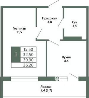 1-к квартира, вторичка, 36м2, 6/15 этаж