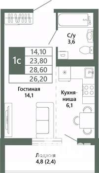 1-к квартира, вторичка, 26м2, 9/15 этаж
