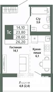 1-к квартира, вторичка, 26м2, 8/15 этаж