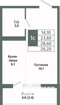 1-к квартира, вторичка, 26м2, 9/15 этаж