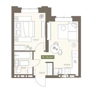 1-к квартира, вторичка, 33м2, 1/16 этаж