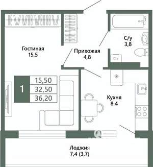 1-к квартира, вторичка, 36м2, 14/15 этаж