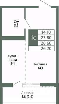 1-к квартира, вторичка, 26м2, 9/15 этаж