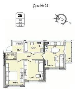 2-к квартира, строящийся дом, 62м2, 3/17 этаж