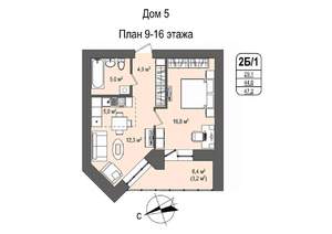 2-к квартира, строящийся дом, 47м2, 16/16 этаж