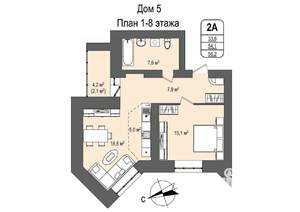 2-к квартира, вторичка, 56м2, 6/16 этаж